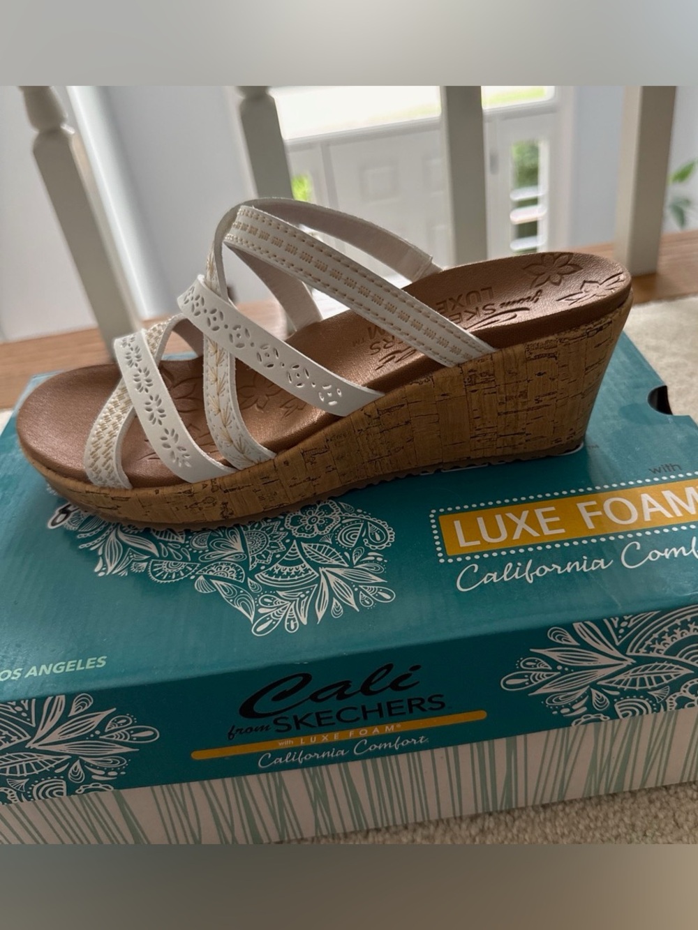 Skechers White Strappy Cork Wedge Sandals